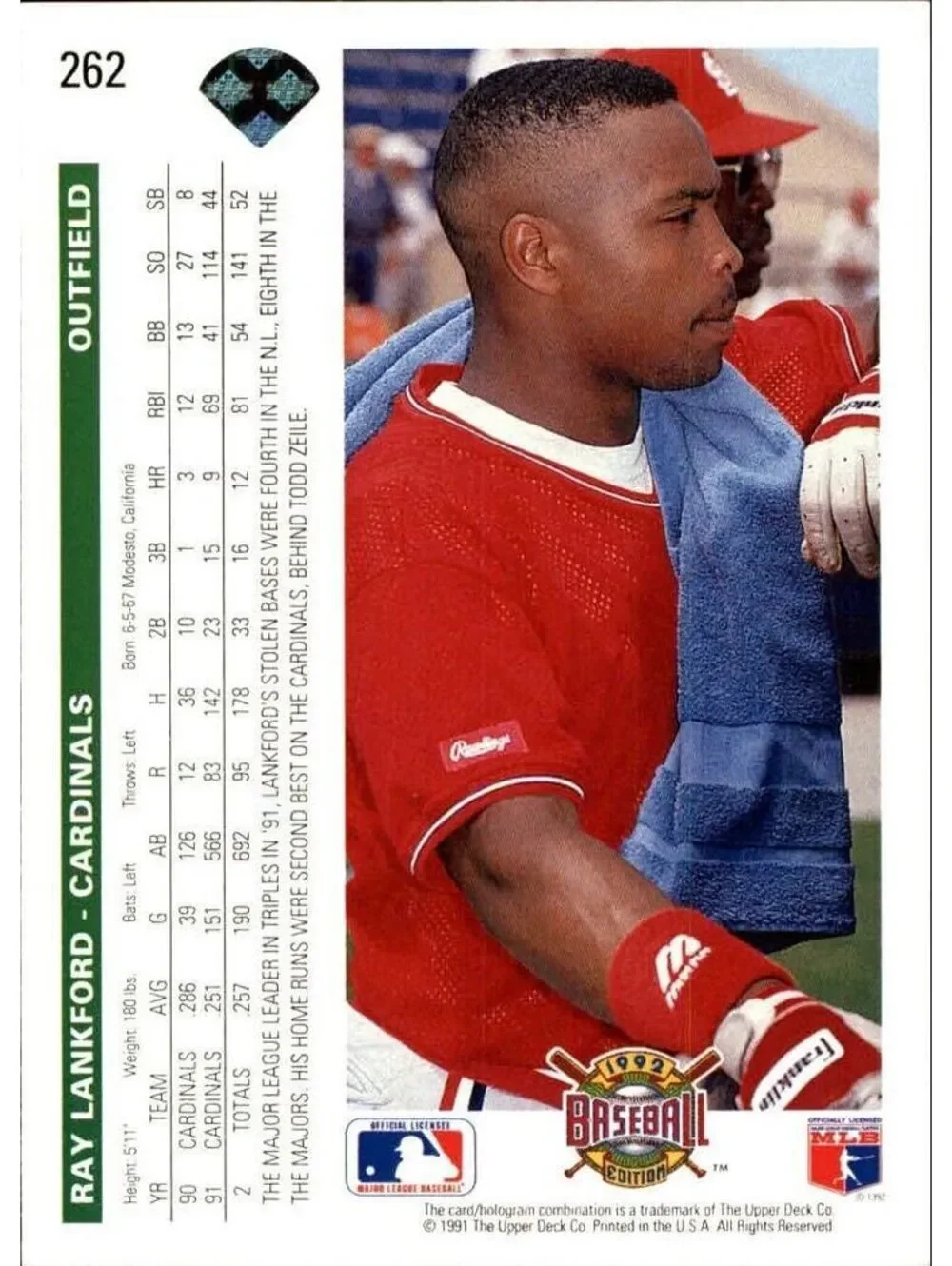 Ray Lankford 1992 Upper Deck MLB #262 Baseball Card St. Louis Cardinals